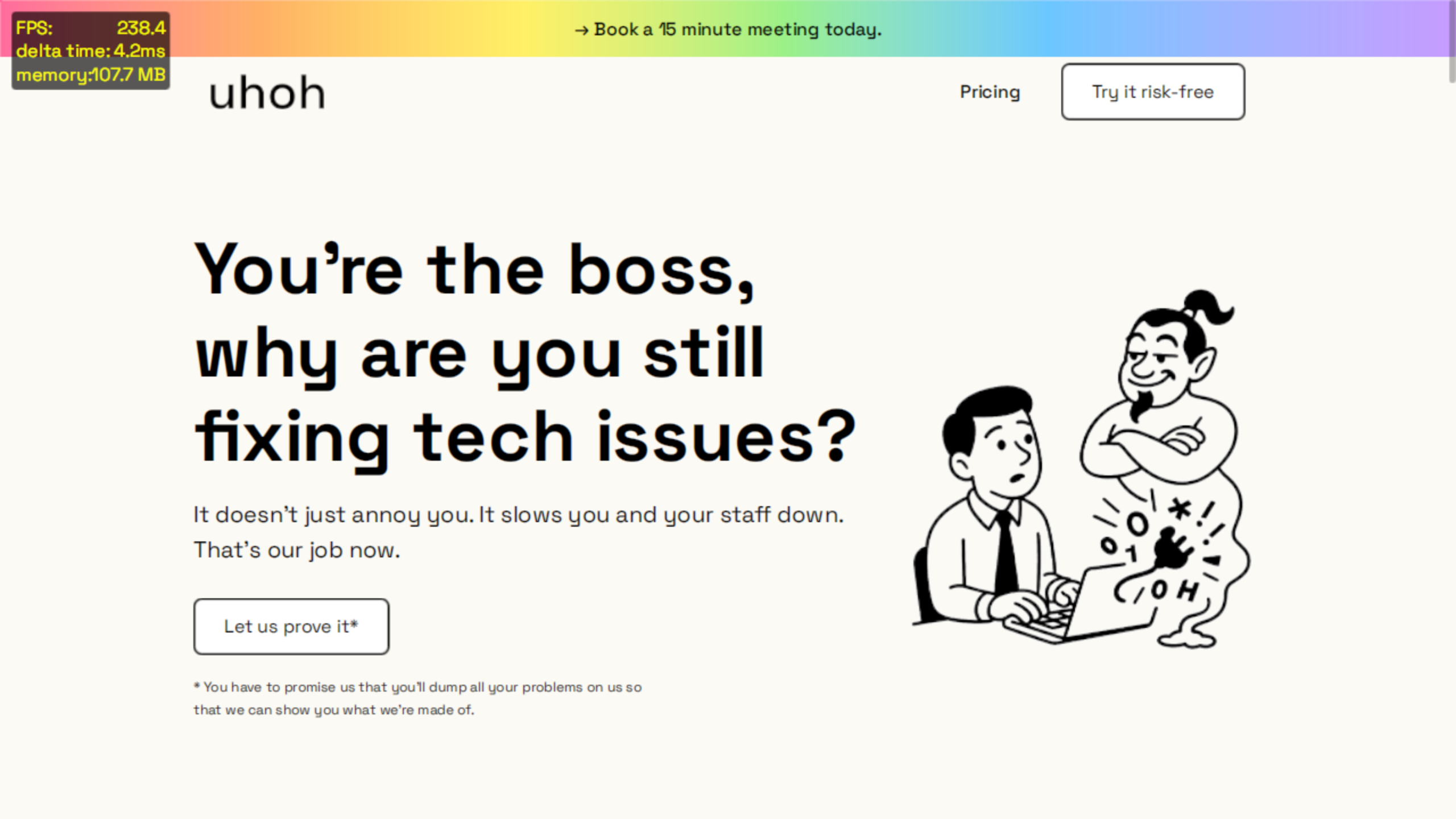 The uhoh.com home page rendered by forbear at 240 FPS